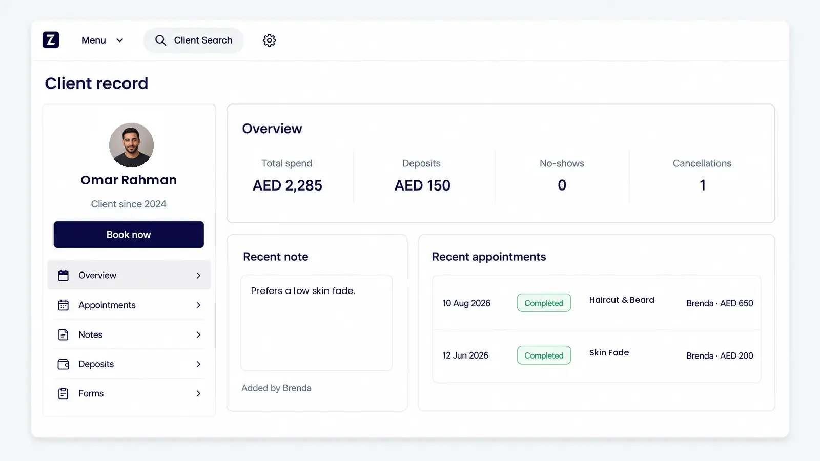 Zolmi barbershop client record showing visit history, preferences, deposits and spending in AED.