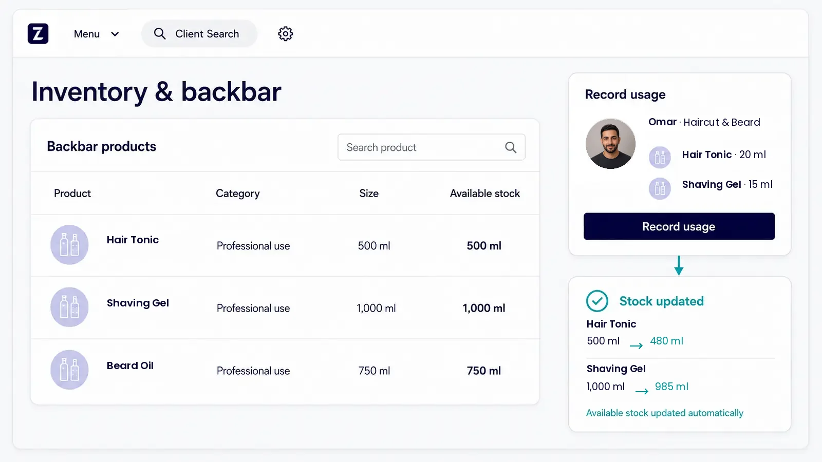 Zolmi barbershop inventory tracking grooming-product usage and automatically updating stock.