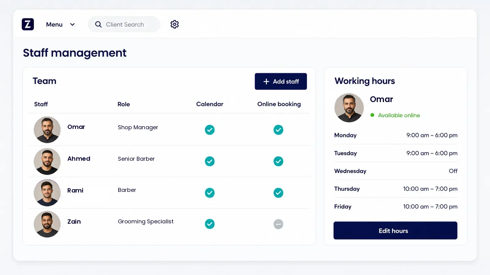 Zolmi barbershop staff management showing team roles, working hours and online-booking availability.