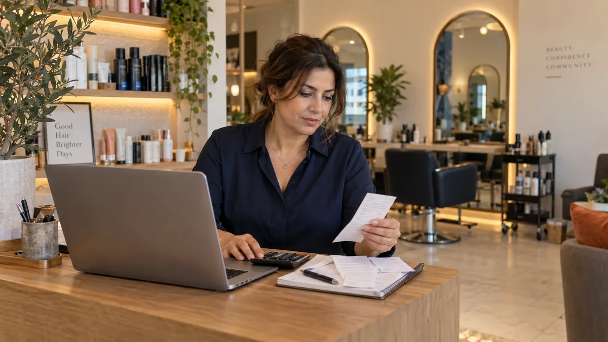 Salon owner reviewing receipts beside a laptop and calculator at reception.