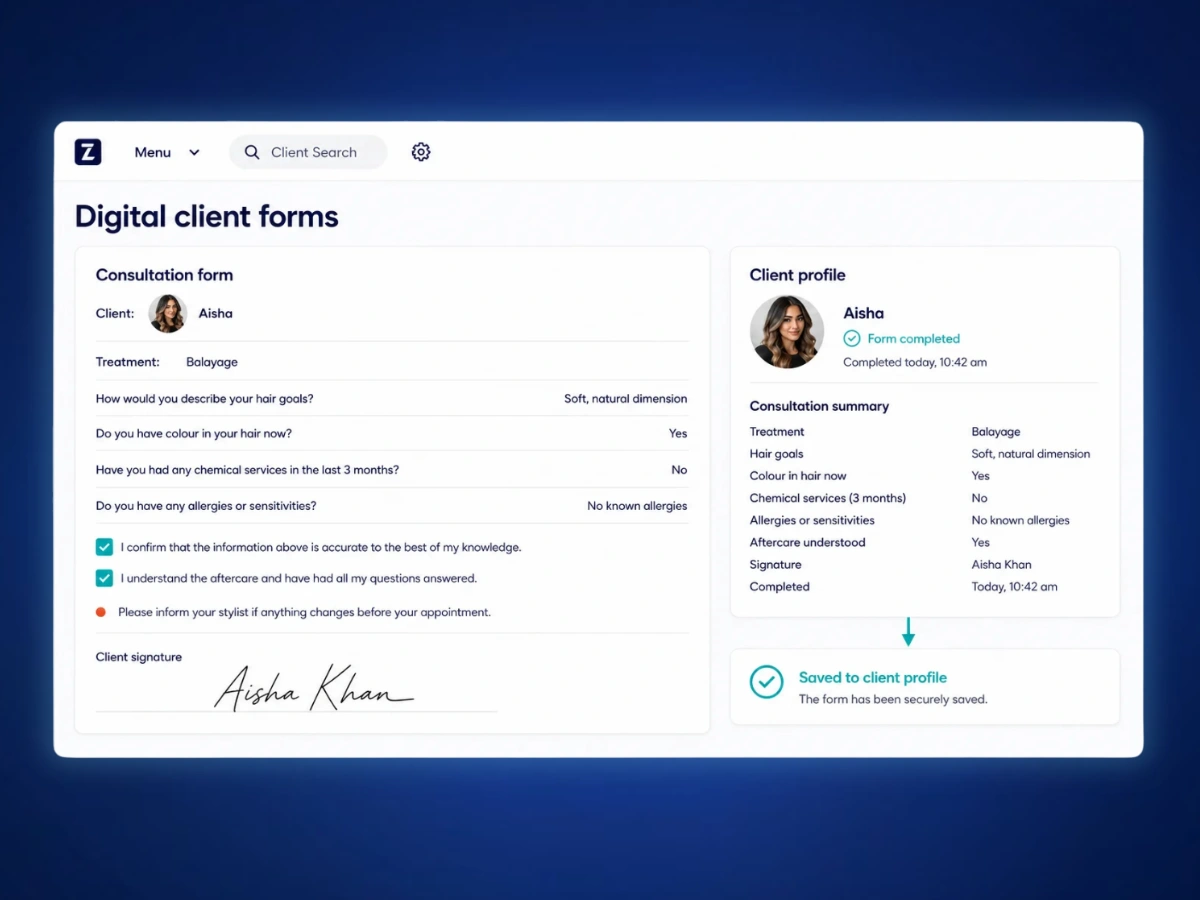 Digital client consultation form saved to a client profile in Zolmi