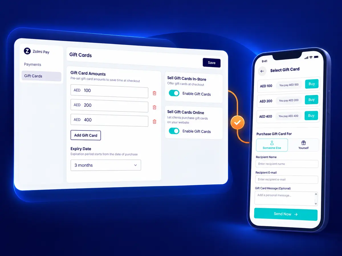 Zolmi gift card settings for configuring values, expiry dates and online sales