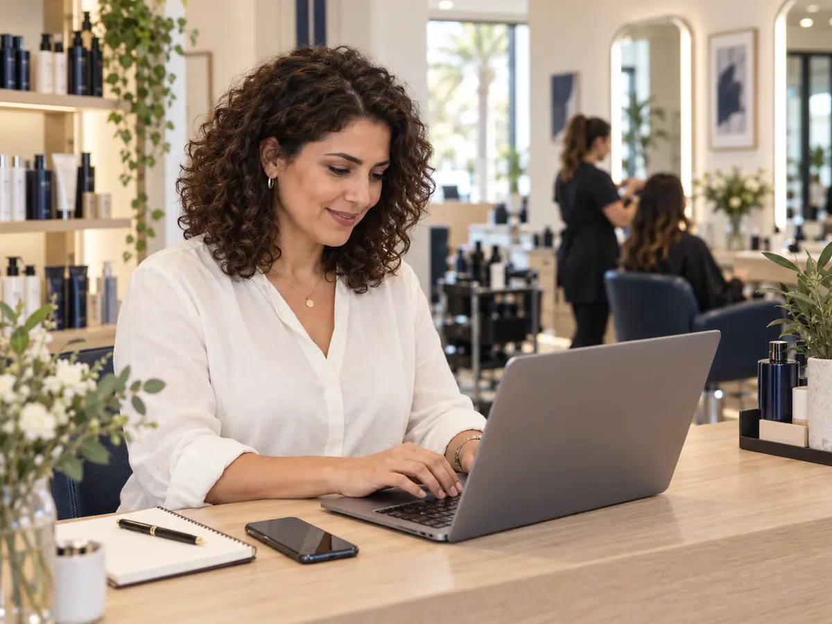 Salon owner working on a laptop at reception while a stylist serves a client in the background