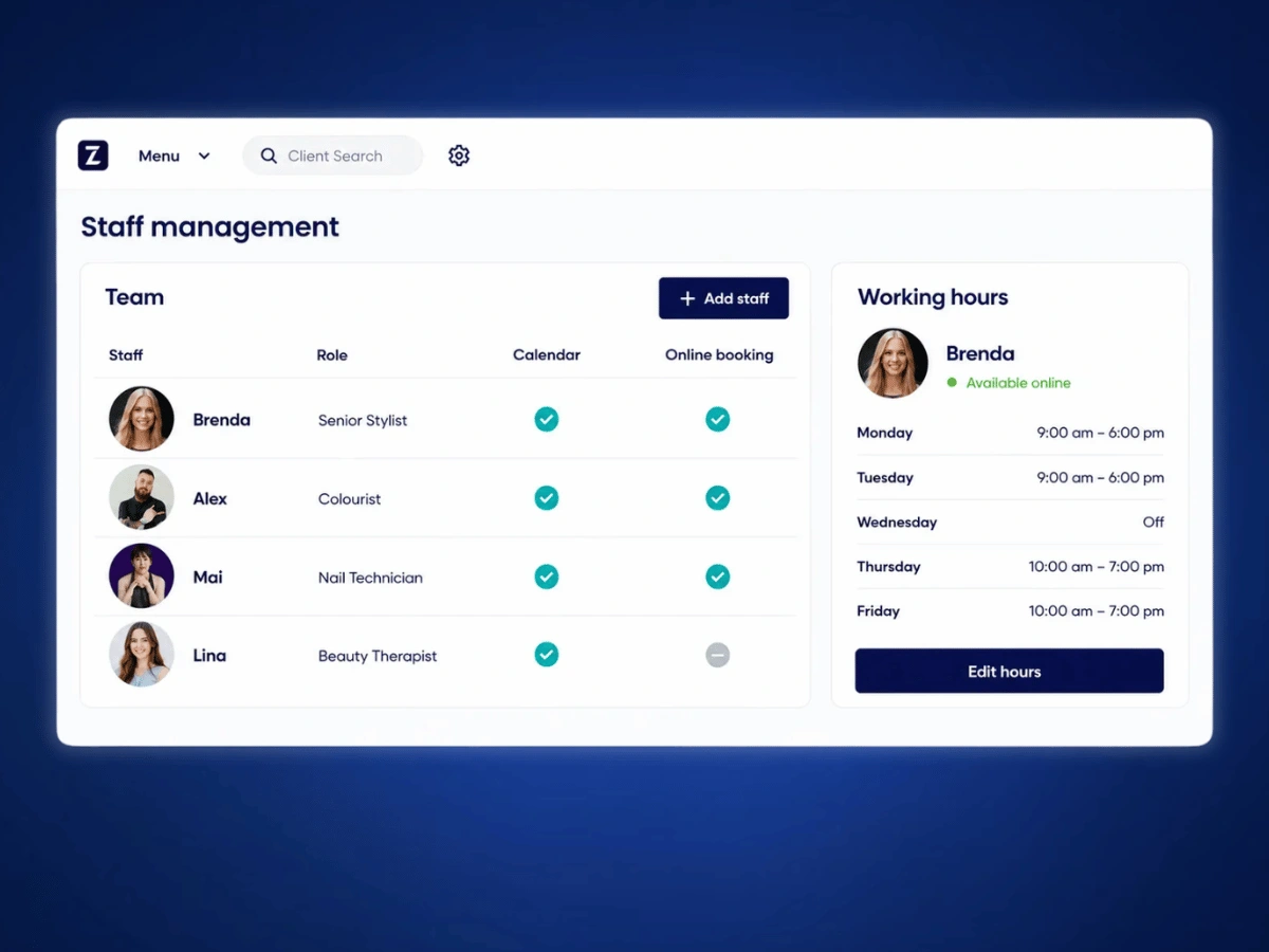 Zolmi staff management overview showing staff roles, online booking availability and working hours