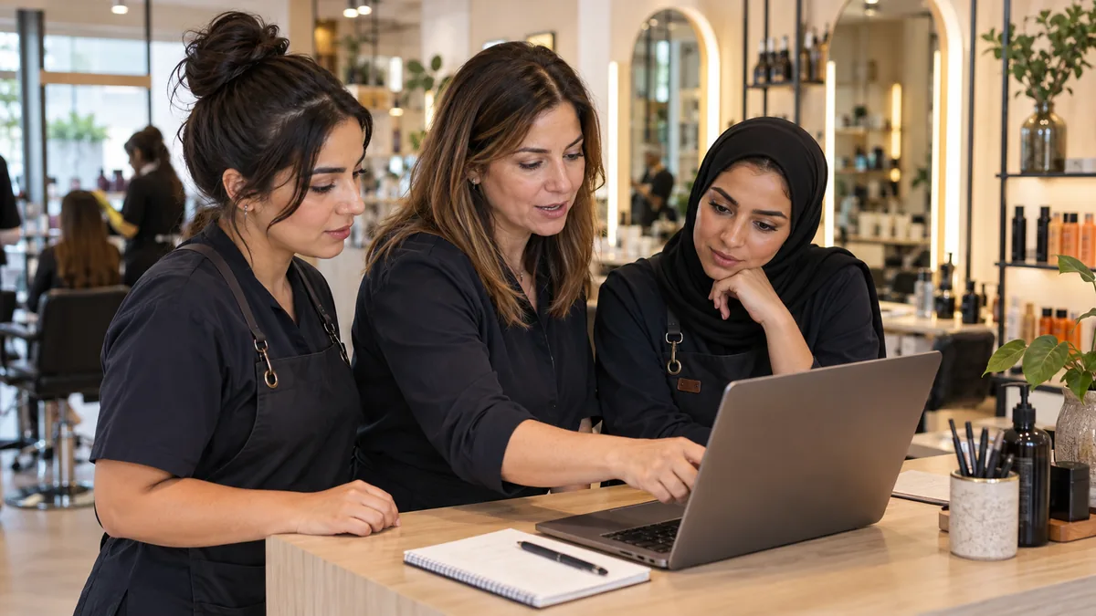Salon manager reviewing a laptop with two staff members at reception