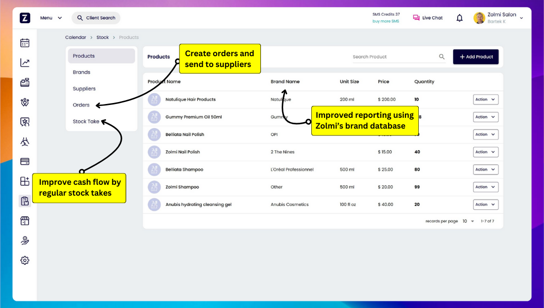 Barbershop inventory management screenshot