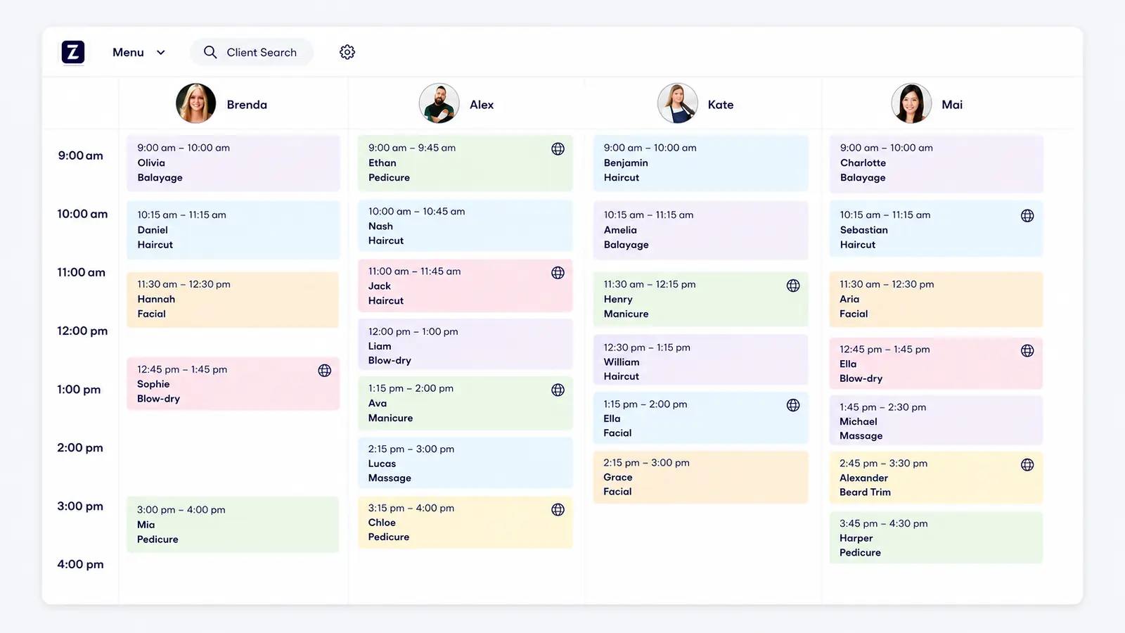 Zolmi salon calendar showing staff schedules, appointments, services and prices in AED.