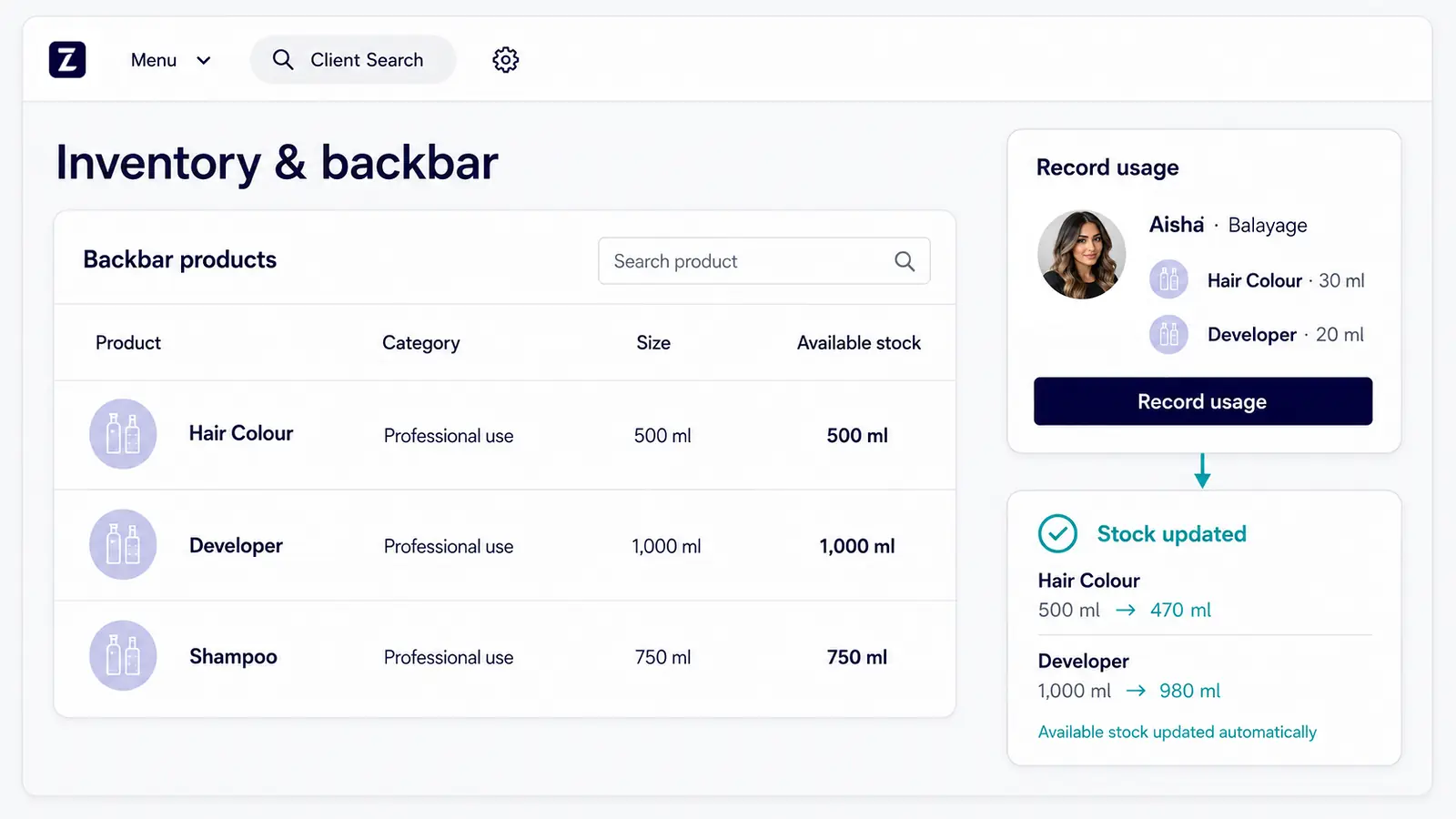 Zolmi salon inventory software recording backbar product usage and automatically updating available stock