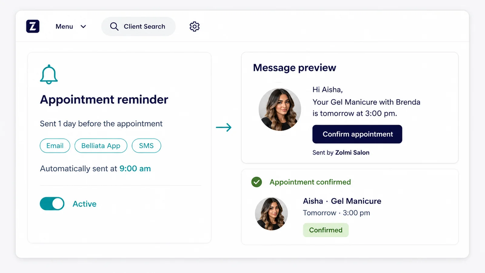 Zolmi appointment reminder confirming a client’s manicure booking.