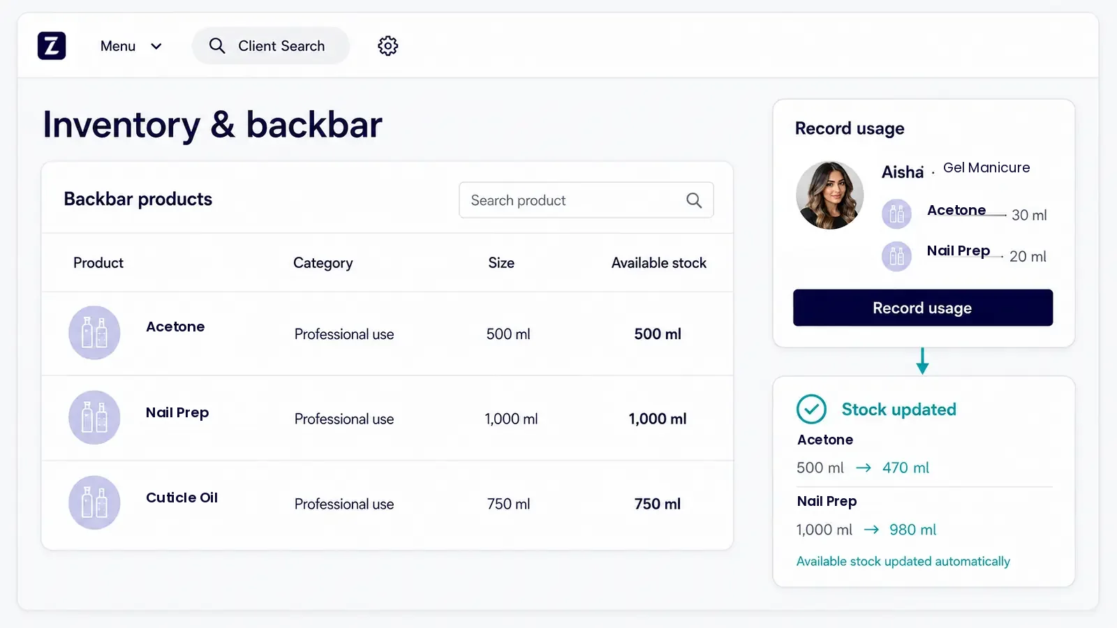 Zolmi nail salon inventory tracking product usage and automatically updating available stock.