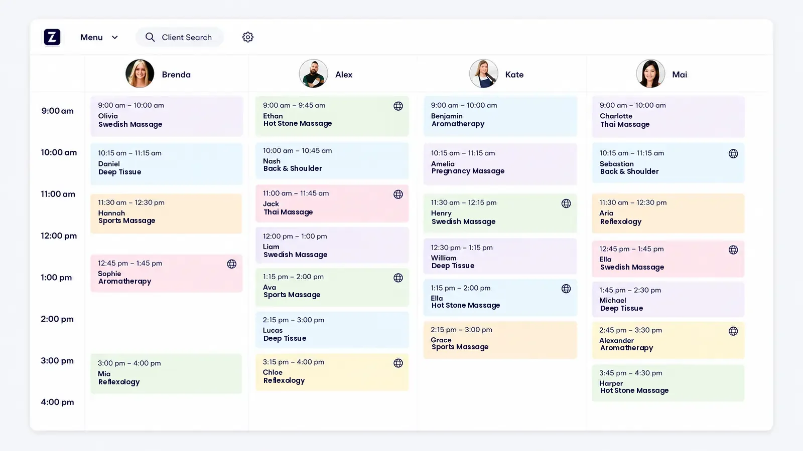 Zolmi massage therapy scheduling calendar showing therapist appointments and online bookings in the UAE