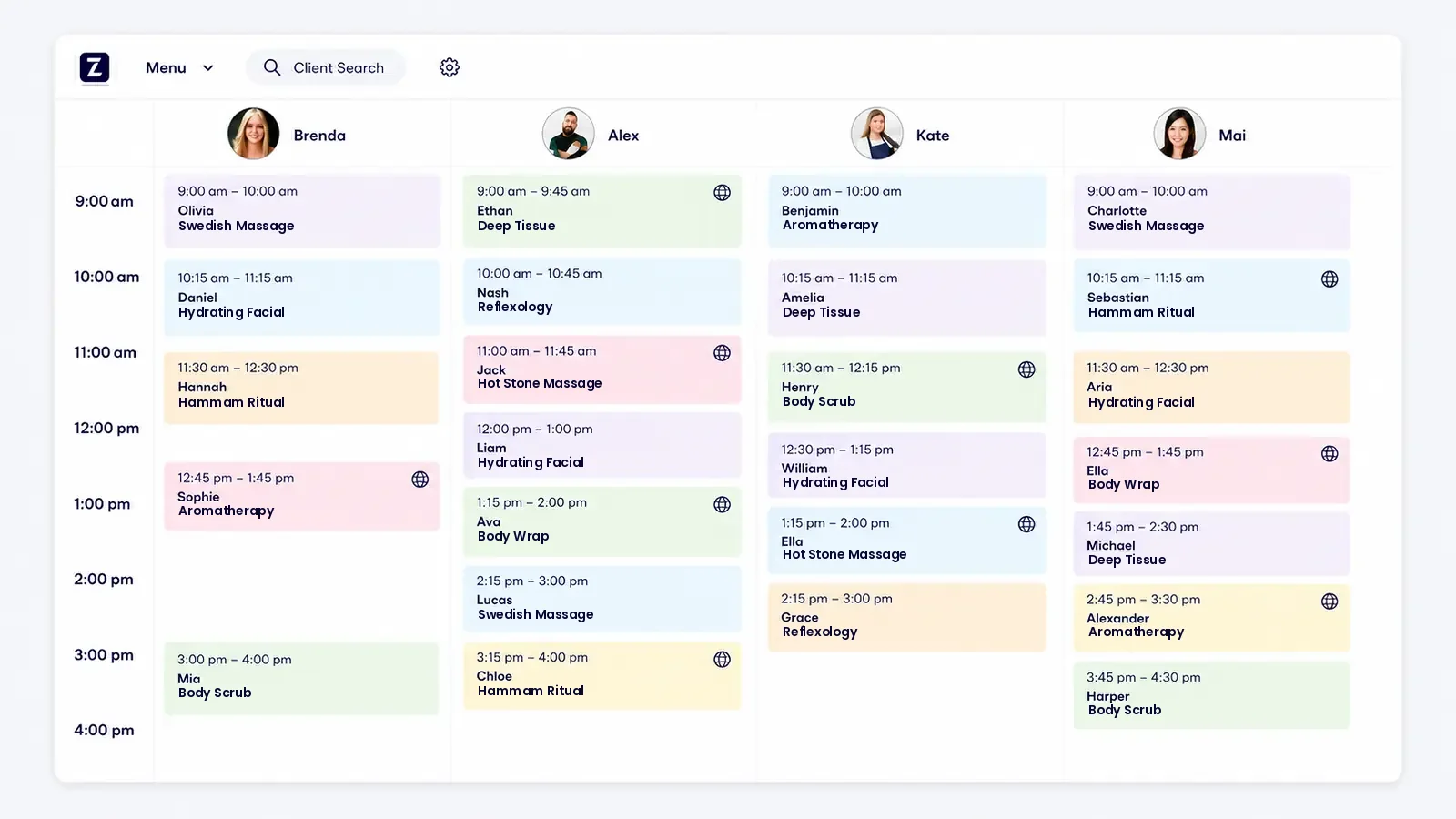 Zolmi spa scheduling calendar showing therapist appointments and online bookings in the UAE.