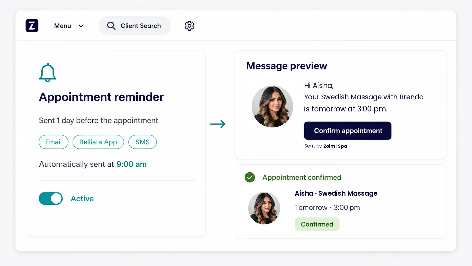 Zolmi spa appointment reminder confirming Aisha’s Swedish massage.