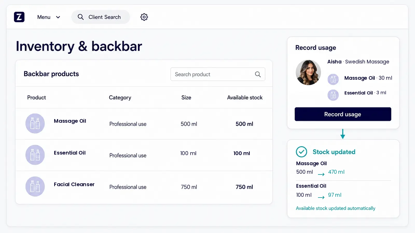 Zolmi spa inventory tracking massage oil and essential-oil usage with automatic stock updates.