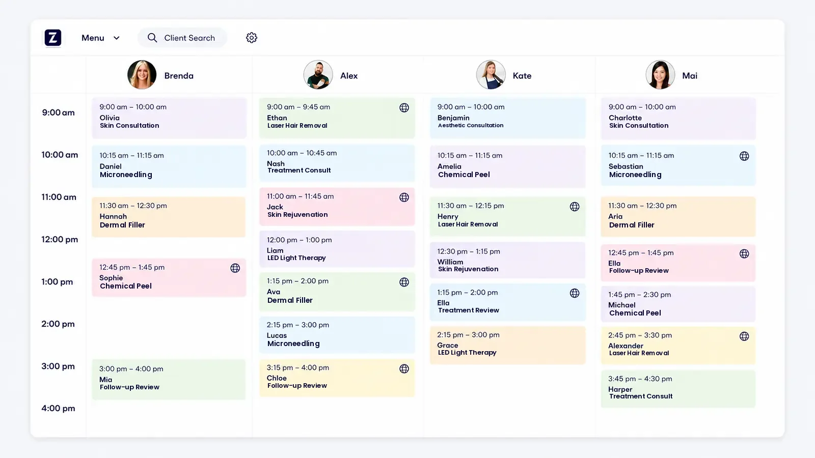 Zolmi med spa calendar showing patient consultations, treatments and follow-up appointments in the UAE.